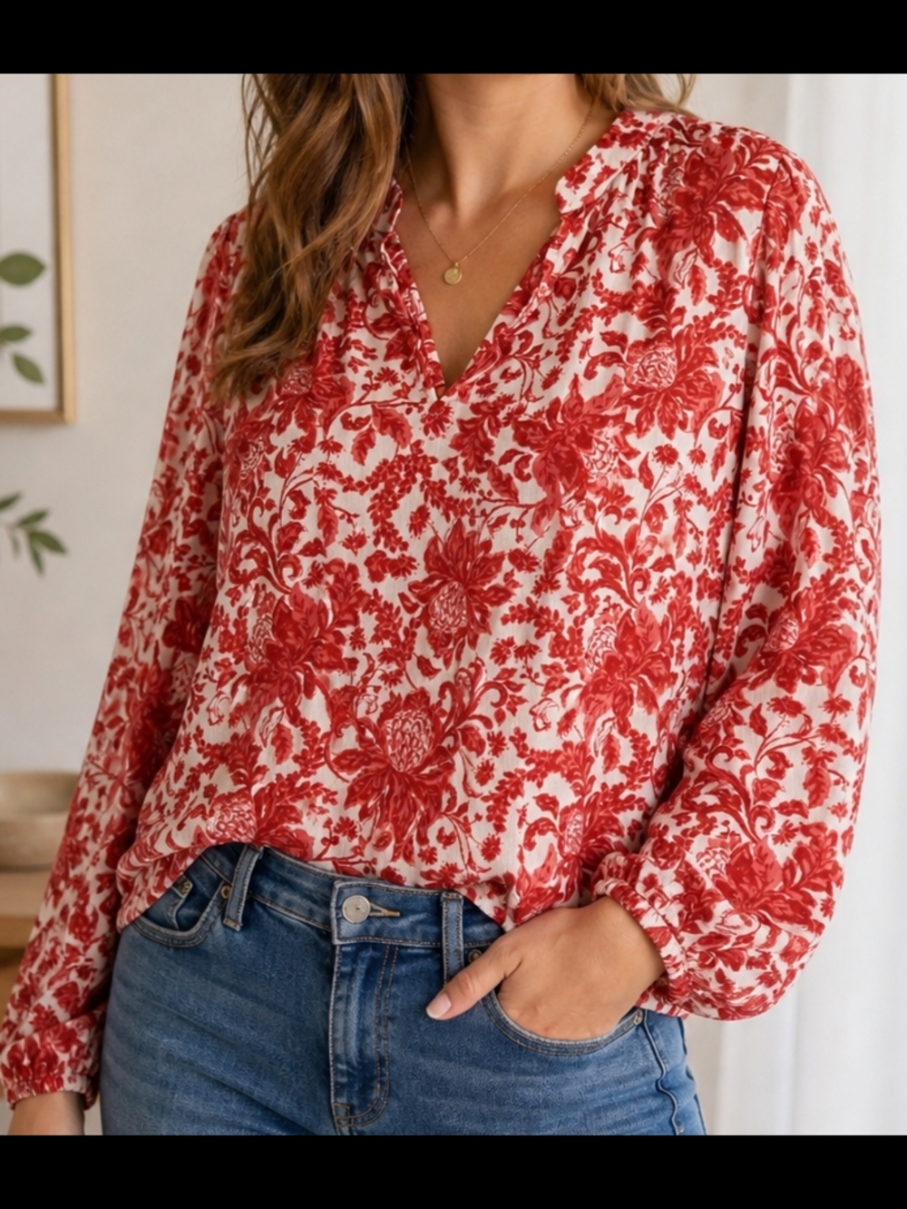 LOFT Red White Floral Blouse Size L Boho Cottagecore Lightweight Long Sleeve Top